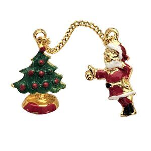 Twin Christmas Tree Santa Pins Chatelaine Style Chain NOS, Vintage Set C590